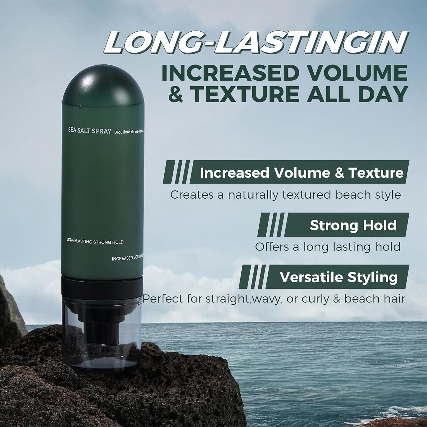 Sea Salt Spray for Men - Texturizing Spray for Beach Waves, Volume & Strong Hold - Non-Sticky, No White Residue with Sargassum Extract (100ml)