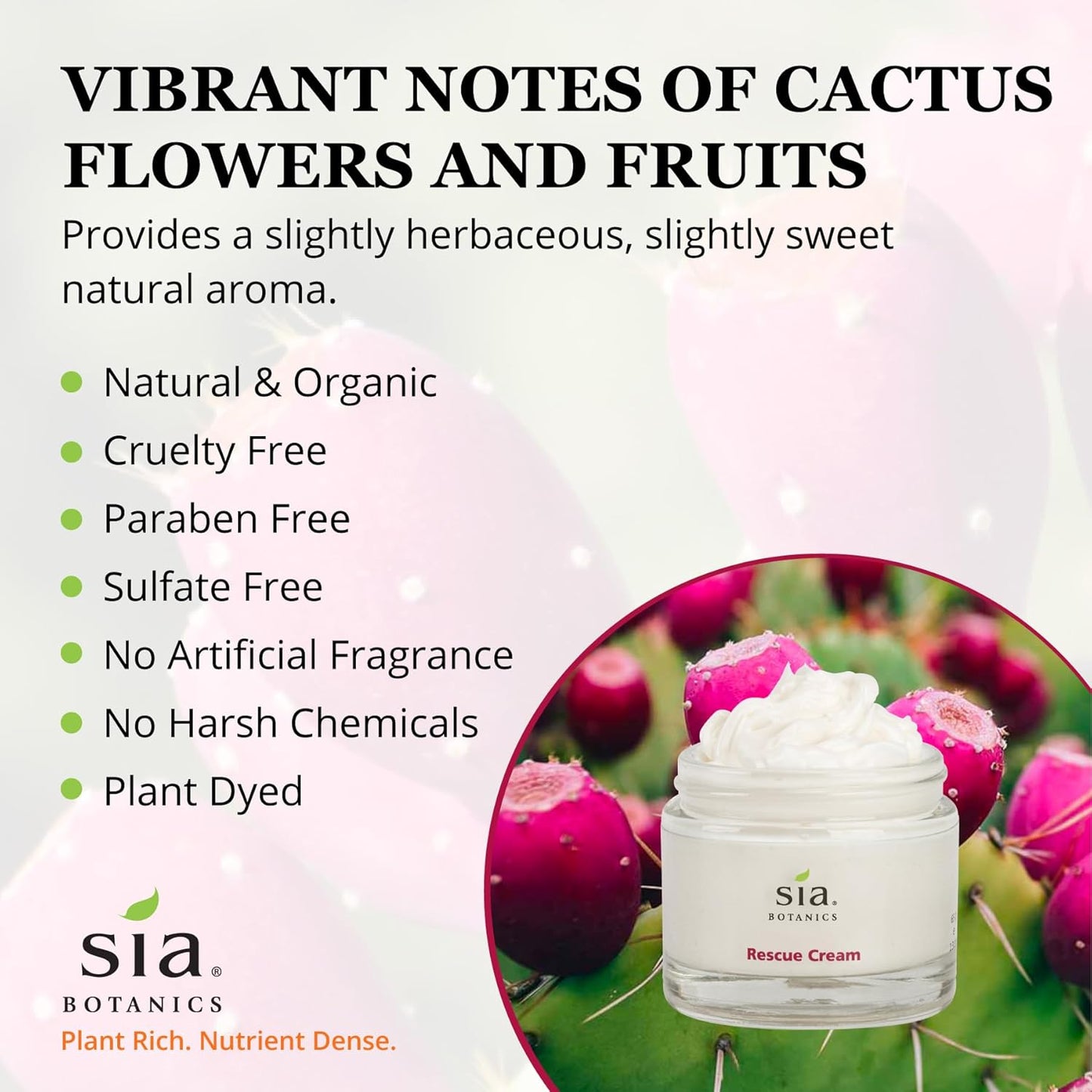 Sia Botanics Rescue Face Cream (65g/2.3oz Glass Jar) | Facial Moisturizer w/Prickly Pear Cactus, Aloe Vera, Green Tea Extract | Natural, Clean, Botanical Skincare for Women