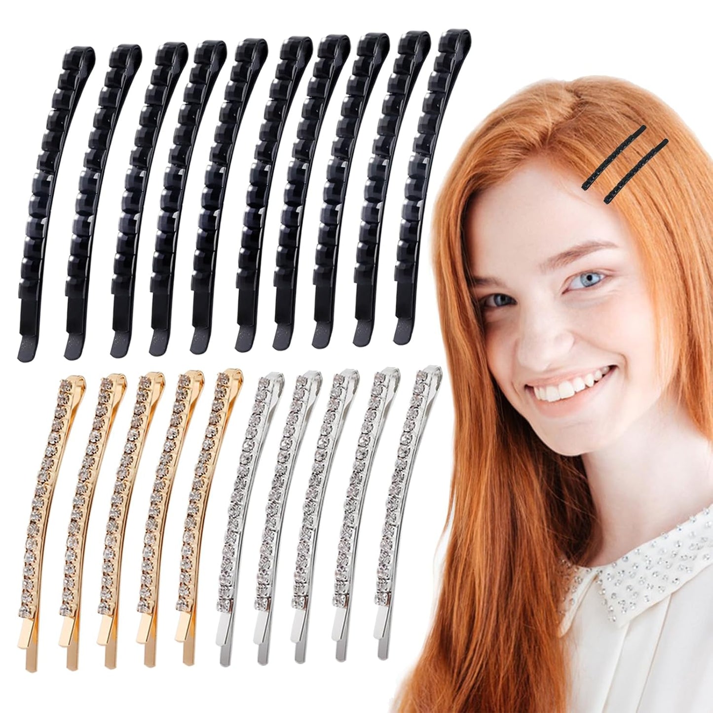 20PCS Rhinestone Bobby Pins, Metal Decorative Crystal Hair Clips, Shiny Hair Barrettes Hairpins, for Women and Girls Hair Styling Accessories, Gold, Silver, and Black