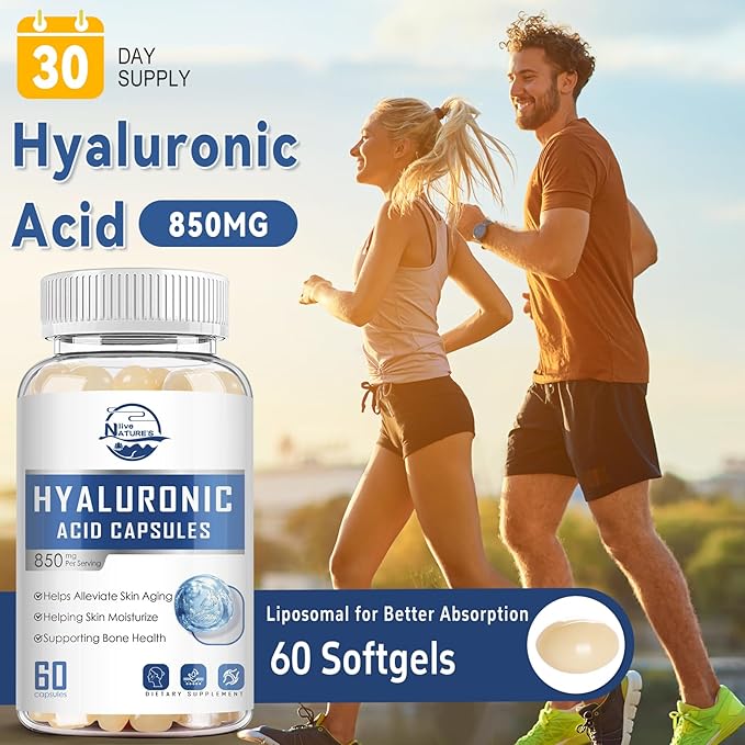 Nature's live Hyaluronic Acid Supplements, 850mg High Bioavailable Dietary Hyaluronic Acid Capsules, Double Strength Joint Lubrication, Skin Hydration, Hair & Nails Support, 60 Softgels, 1 Pack