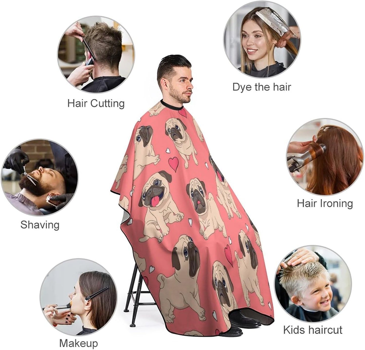 Professional Barber Cape for Men Women, Water and Stain Resistant Funny Cartoon Pugs Puppy Pink Art Hair Cutting Cape Extra Large Haircut Apron Hair Cutting Cloak, Skin Friendly