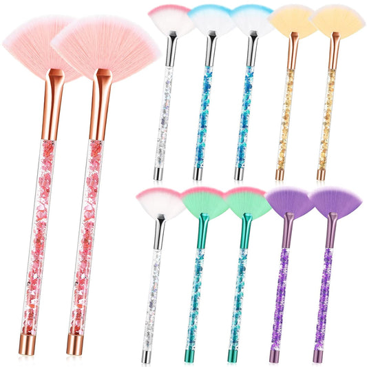 Nuenen 12 Pcs Soft Fan Facial Brushes Mask Acid Applicator Brush for Mud Cream Blush Makeup Peel Glycolic Multi Use Cosmetic Tools with Glitter Quicksand Handle and Pouch(Colorful)