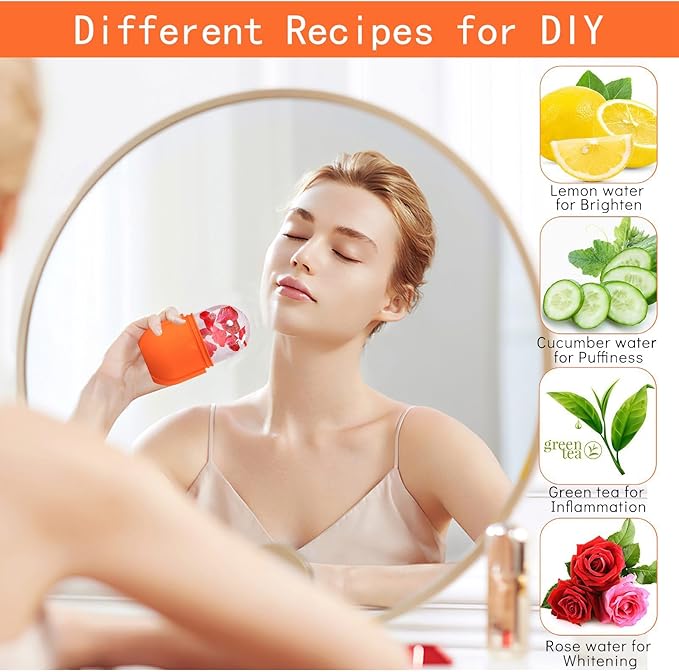 KOGITI Face Ice Roller & Mold - Beauty Facial Massage Tool for Puffiness Relief, Ice Cube Holder (New-Orange)