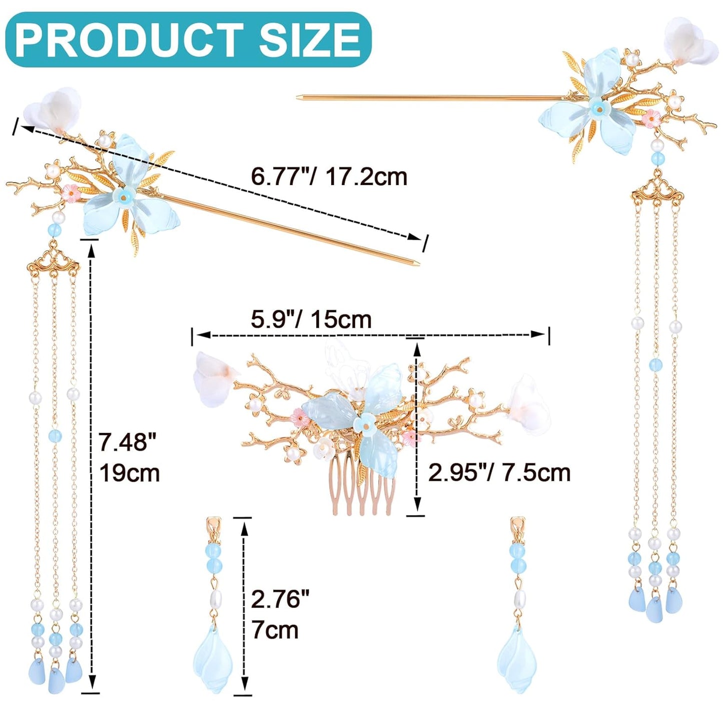 5pcs Flower Tassels Hairpin for Women, Non-Slip Crystal Pearl Greenstick Hair Clips, Retro Chinese Hanfu Wedding Brides Hair Accessories for Long Hair