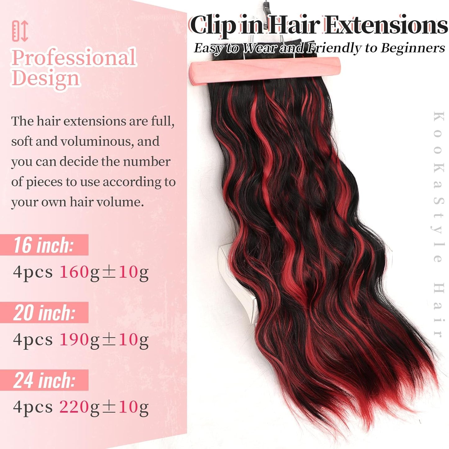 KooKaStyle Hair Extensions Black Mix Red Highlights 1B/113# Clip in Synthetic Highlight Long Wavy 4PCS Thick Hairpieces for Daily Use 24 Inch for Women