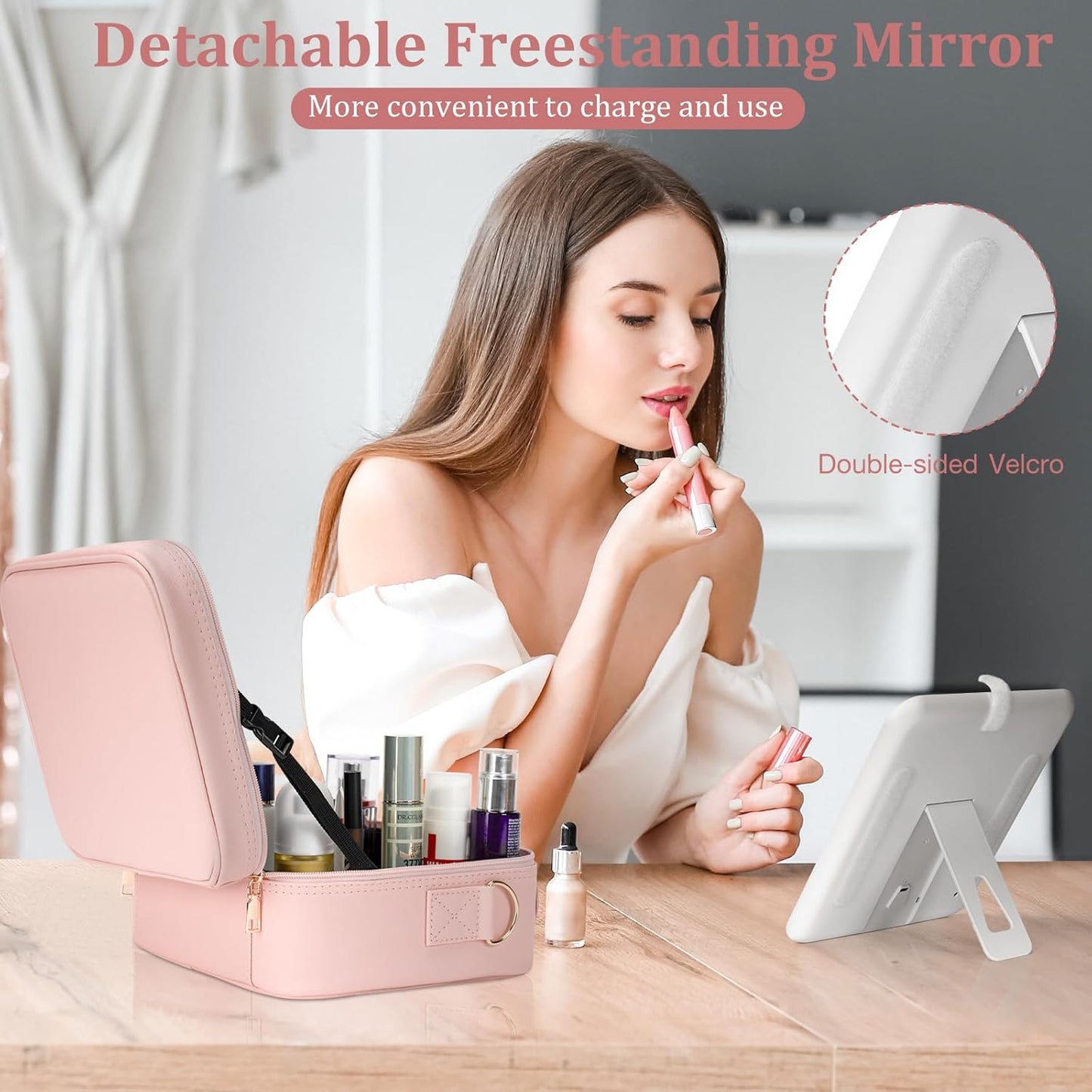 Makeup Bag with LED Mirror, [3 Color and Stepless Dimmable] Rechargeable LED Light for Makeup Bag Train Case with Brushes Storage Organizer, Travel Box Cosmetic Bag for Women - Black