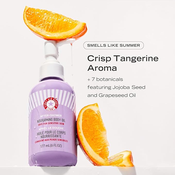 First Aid Beauty - After-Shower Nourishing Body Oil, Hydrates Skin & Locks In Moisture with Skin-Loving Lipids Jojoba Seed and Grapeseed Oil, Safe for Sensitive Skin, 6 oz