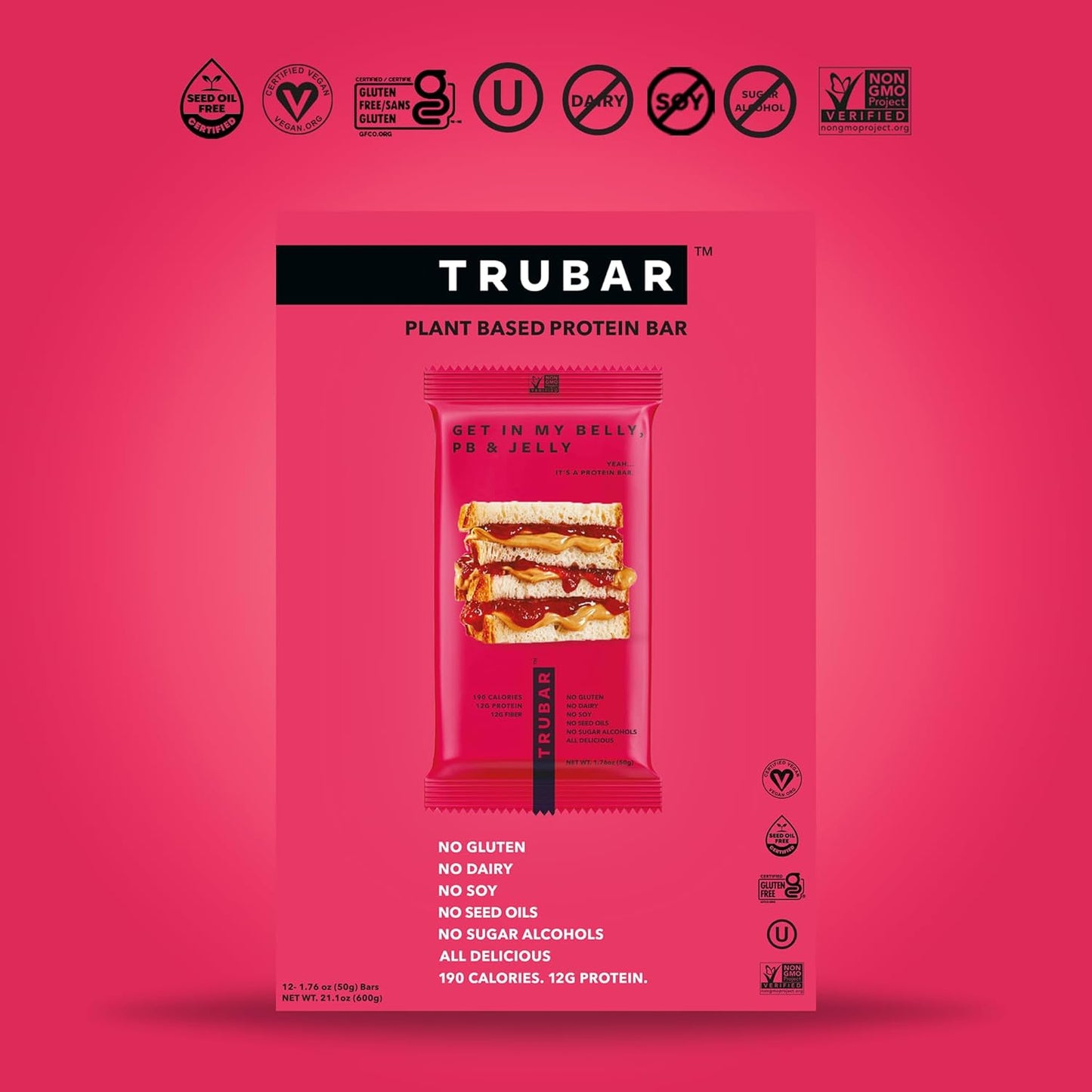 TRUBAR Vegan Protein Bar, Get In My Belly Pb & Jelly, Gluten Free, Plant Based, High Fiber, Dairy Free, Low Fat, Non GMO, No Sugar Alcohols, 12G Lean Protein, 13G Fiber, Healthy Snack Bars, 12 CT