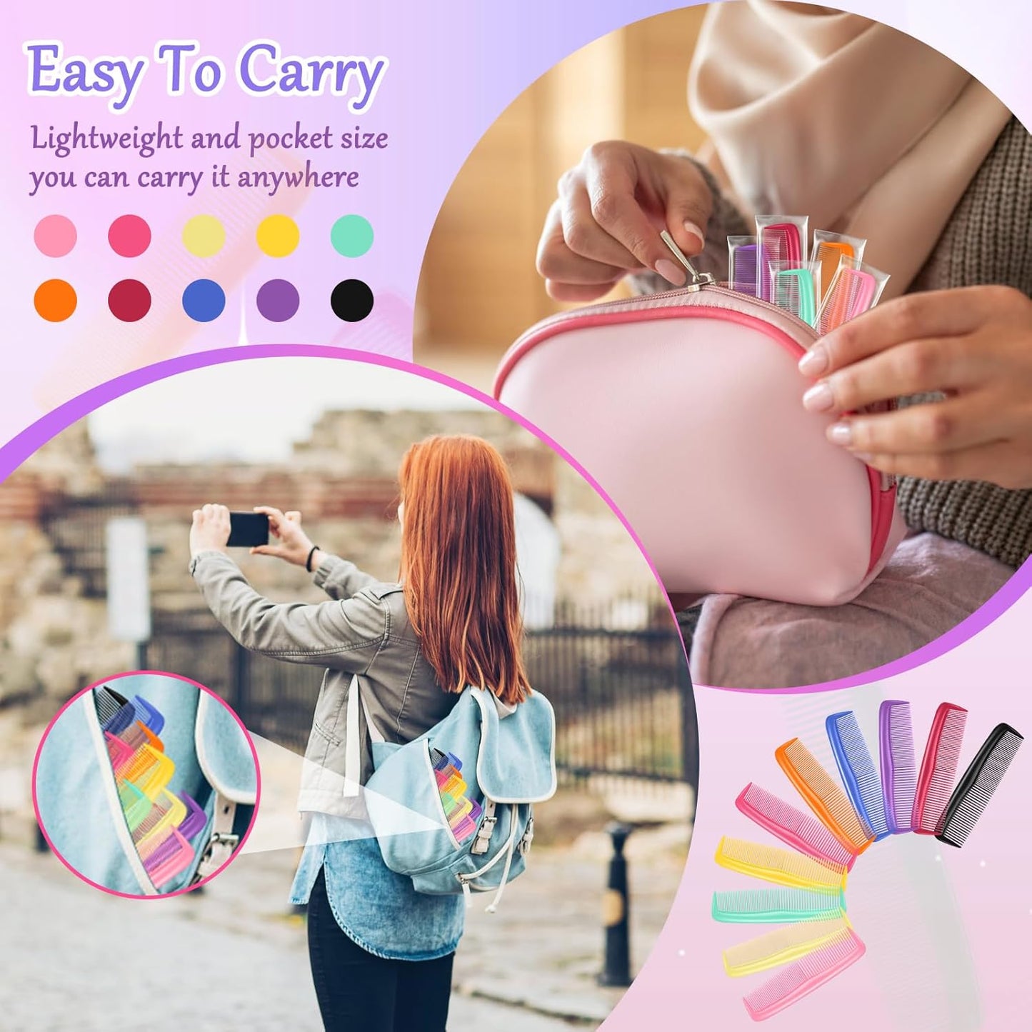 HOFASON 200 Pack Combs Bulk for Women Kids Homeless, Individually Wrapped Plastic Pocket Hair Combs Set Small Bulk Travel Combs for Styling, Homeless, Hotel, Shelter, Nursing Home, Charity, 10 Colors