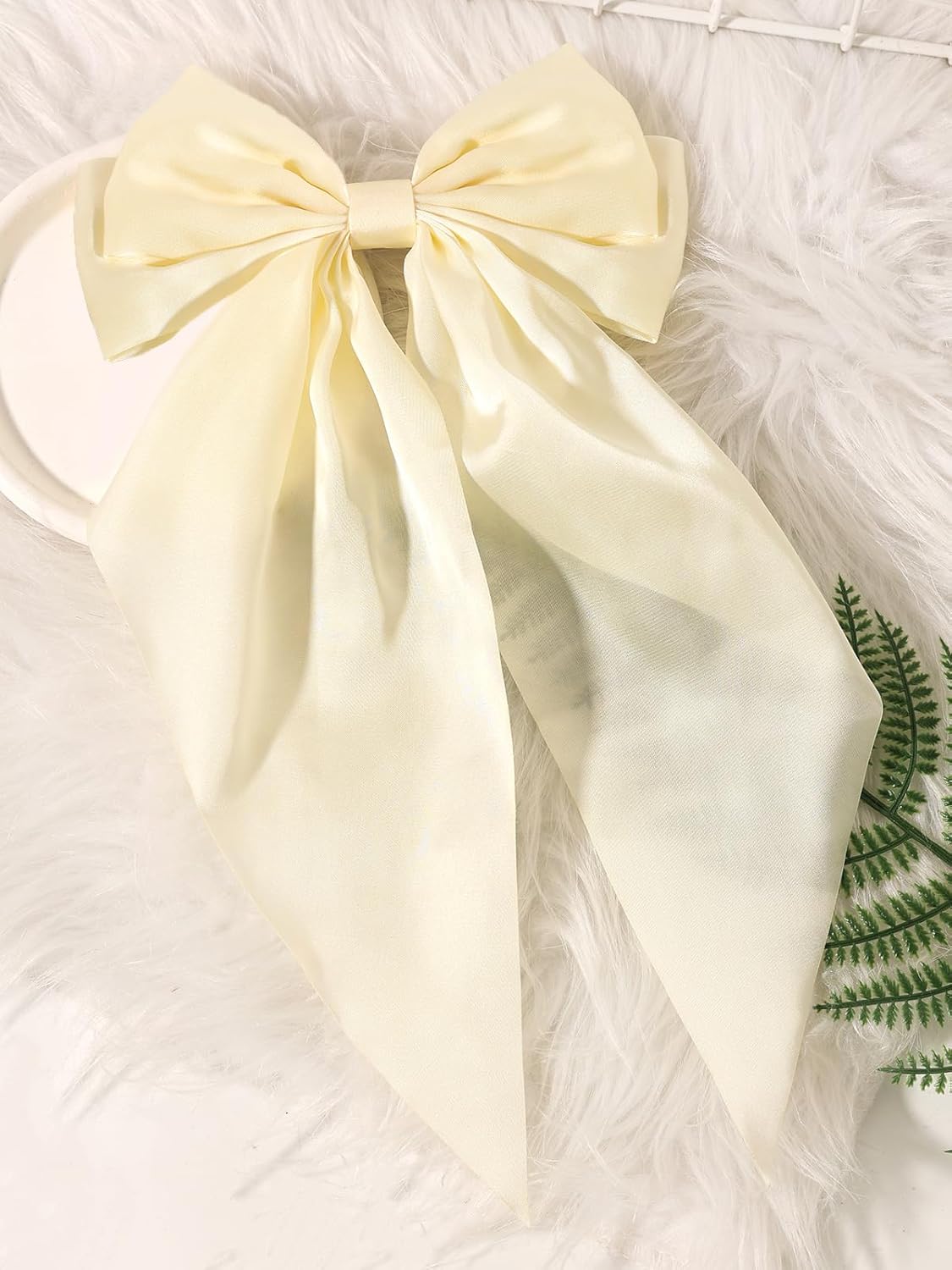 Furling Pompoms Hair Bows, 3pcs Satin Bow Hair Clips for Women in Beige/Lilac/Pink with Metal Clip, Long Tail Hair Accessories