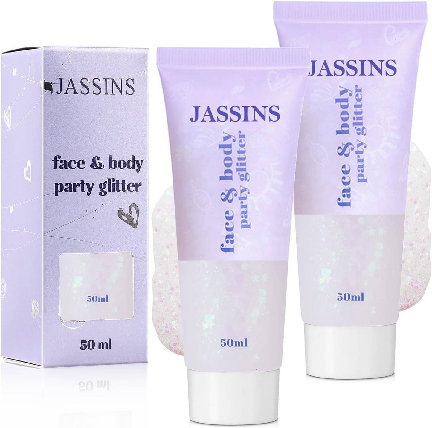 JASSINS 2PCS Body Glitter, 100ml White Face Glitter for Women Girls Kids, Glitter Gel Makeup Tween Gifts, Singer Concerts Festival Rave Accessories, Chunky Mermaid Sequins Glitter