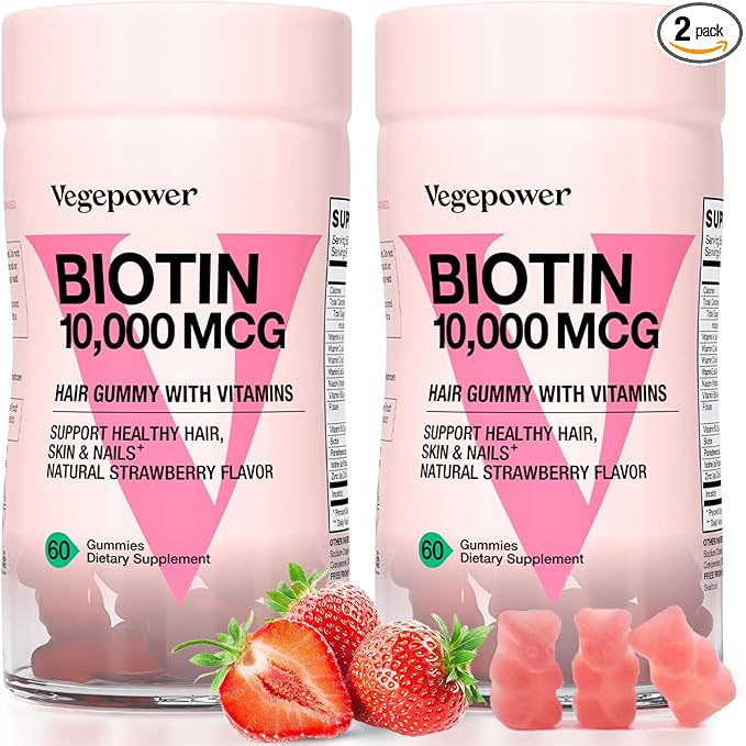 Biotin Gummies 10000mcg Supplements - with Vitamin C, A, D, B-Complex, Folate, Zinc for Women & Girls- Vegan Biotin Hair Growth Gummy for Healthy Hair and Nails, Non-GMO, Strawberry, 120 Bear