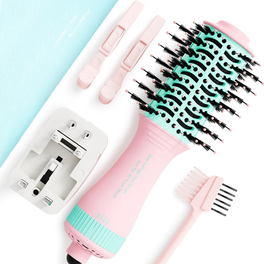 Dual Voltage Travel Dryer Styler in One, 2 Inch Oval Jet Brush for Worldwide Use, 110-240V European Hair Dryer & Volumizer with Universal Adapter
