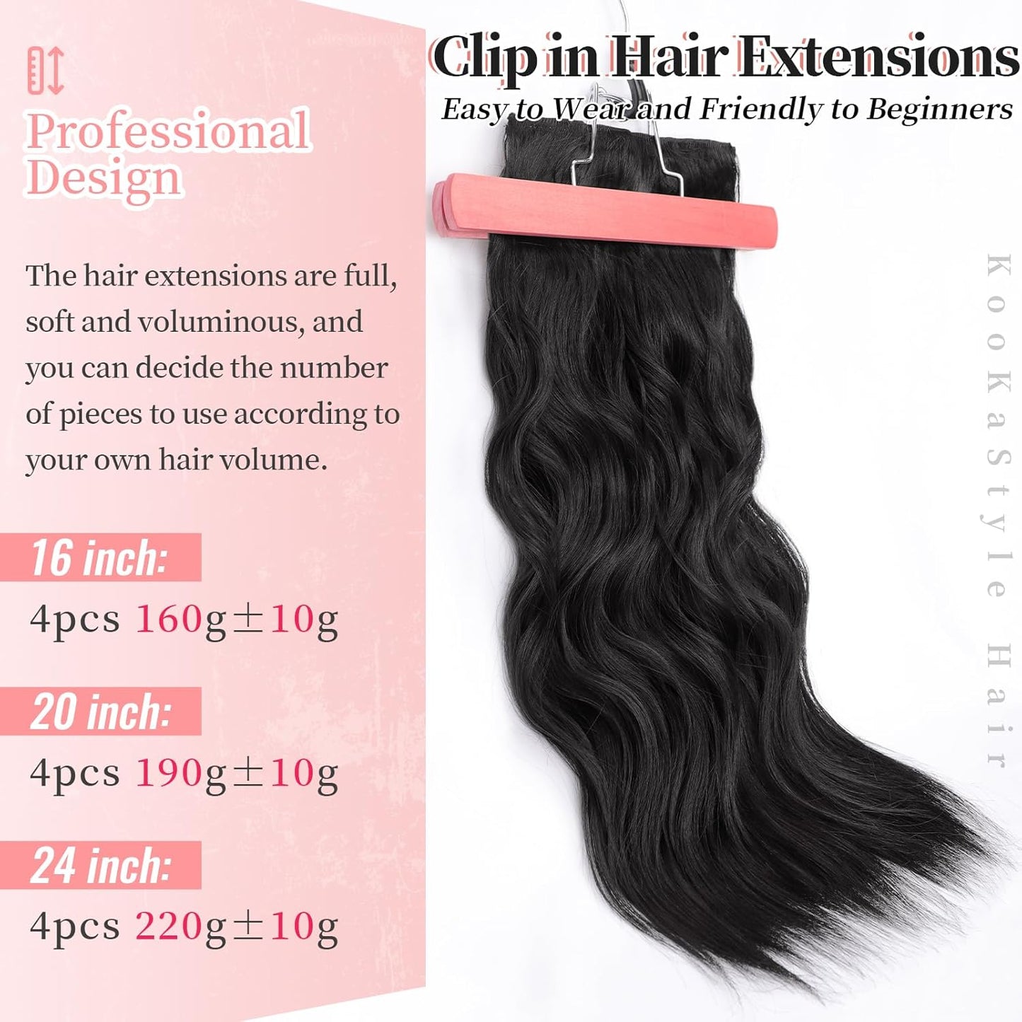 KooKaStyle Clip in Synthetic Hair Extensions Long Wavy 4PCS Thick Hairpieces Black Fiber Double Weft Natural Hair Extensions 20 Inch for Women