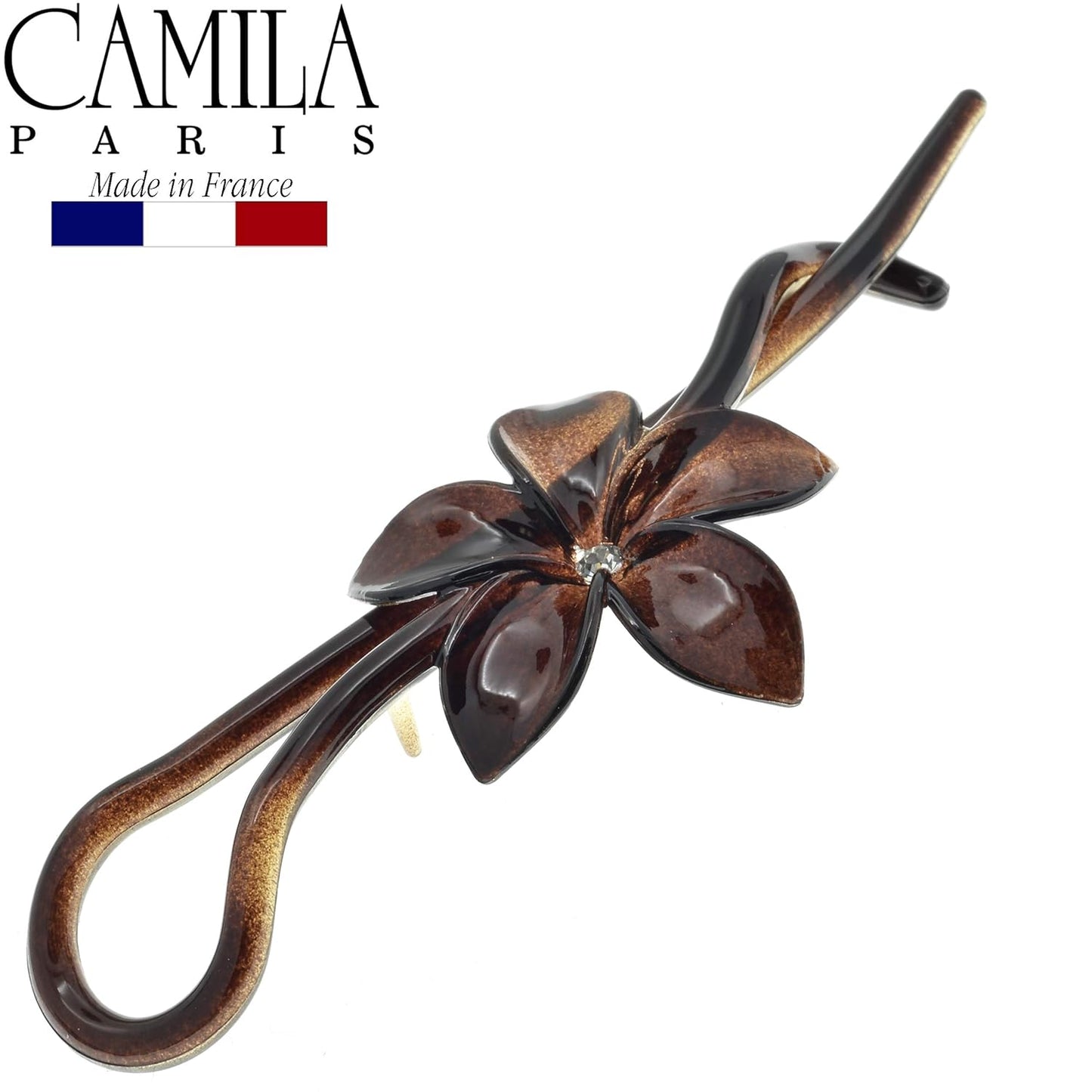 Camila Paris CP1592 French Hair Barrette Pin Clips for Girls, Flower, Tortoise Shell, No Metal Parts, Strong Hold Grip Hair Clips for Women, No Slip Styling Girls Hair Accessories, Made in France