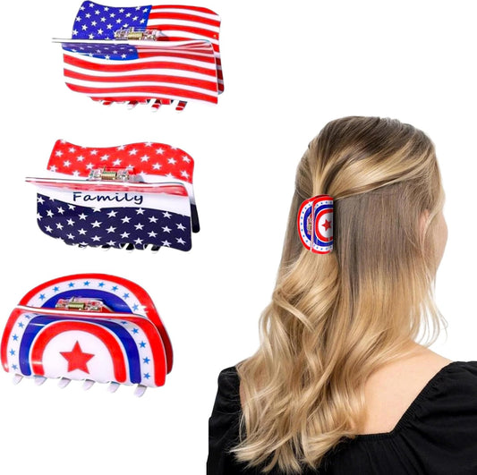 3 Pcs 4th of July Hair Clips for Women, Patriotic Hair Claws, Red White Blue Hair Claw Clips with American Flag Design, Summer Hair Accessories, Independence Day Large Hair Claws for Thick Hair