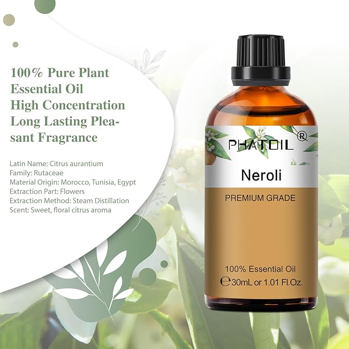Neroli 1.01fl.oz Essential Oil, PHATOIL Pure Aromatherapy Oils for Diffuser, Humidifier, Perfect for DIY Soap, Candle, Bath Bombs Making(30ml)
