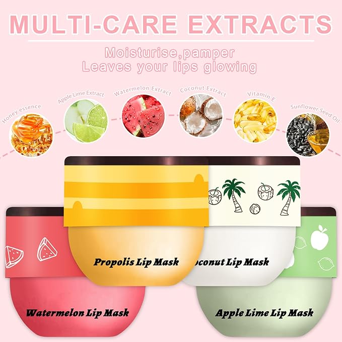 4 PCS Bee Lip Balm Honey Pot, Honey Watermelon Apple Coconut Lip Balm Sleeping Lip Mask Overnight with Sticks, Lip Exfoliating Prevention Dry and Crack (Honey & Watermelon & Apple & Coconut)