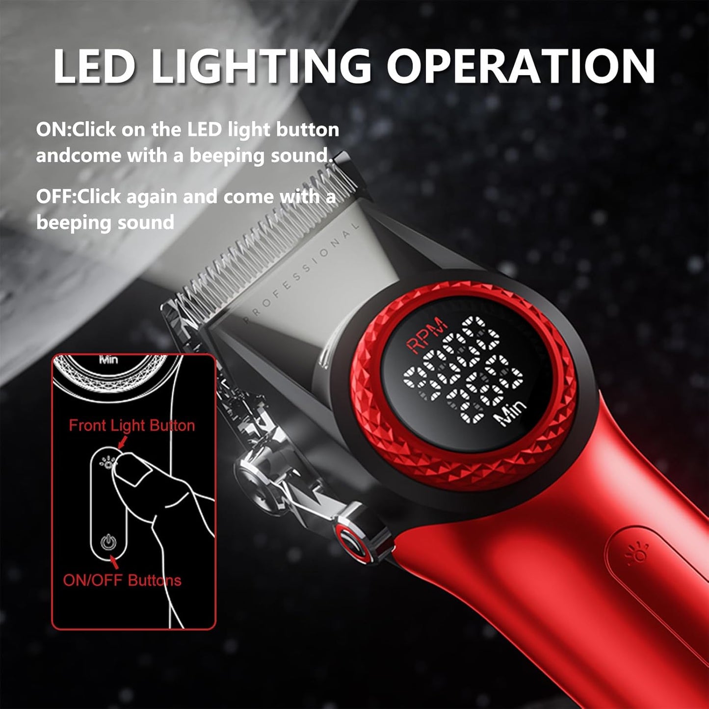 VGR 001 Professional Hair Clippers for Men, Cordless Barber Clippers for Hair Cutting, Carbon Steel Blade Hair Trimmers for Barbers, 9000RPM, LED Display, Red