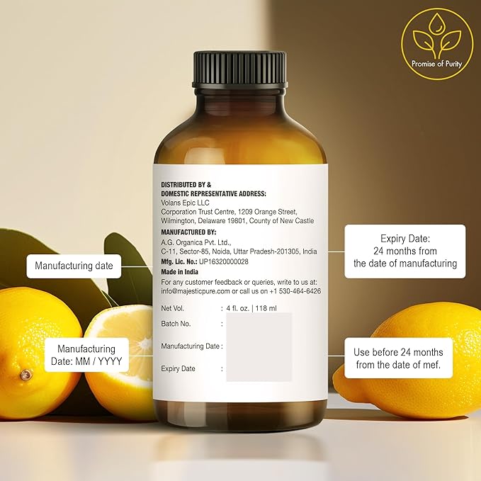 Majestic Pure Lemon Essential Oil with Glass Dropper | 100% Pure and Natural Lemon Oil | Premium Grade Essential Oils for Diffusers, Skin, Aromatherapy, Massage | 4 Fl Oz