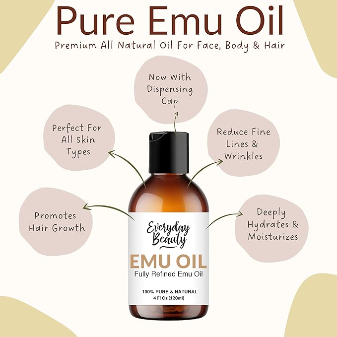 Pure Australian Emu Oil - All Natural 6X Refined for Face, Skin and Hair - Highly Effective Hydration for Sensitive Skin and Hair Growth - Perfect for Scars and Blemishes - 4 oz