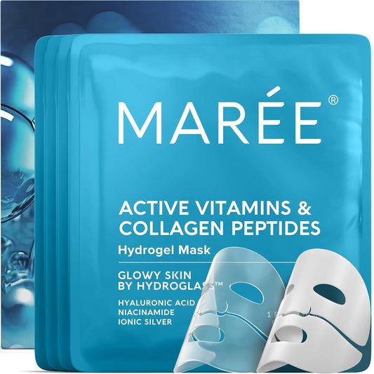 MAREE Hydrogel Collagen Facial Mask with Hyaluronic Acid — Hydrating Face Masks Skincare — Niacinamide, Amino Acids & Red Algae Extract — Facial Masks For Women — Mascarillas Para La Cara — 4 Count