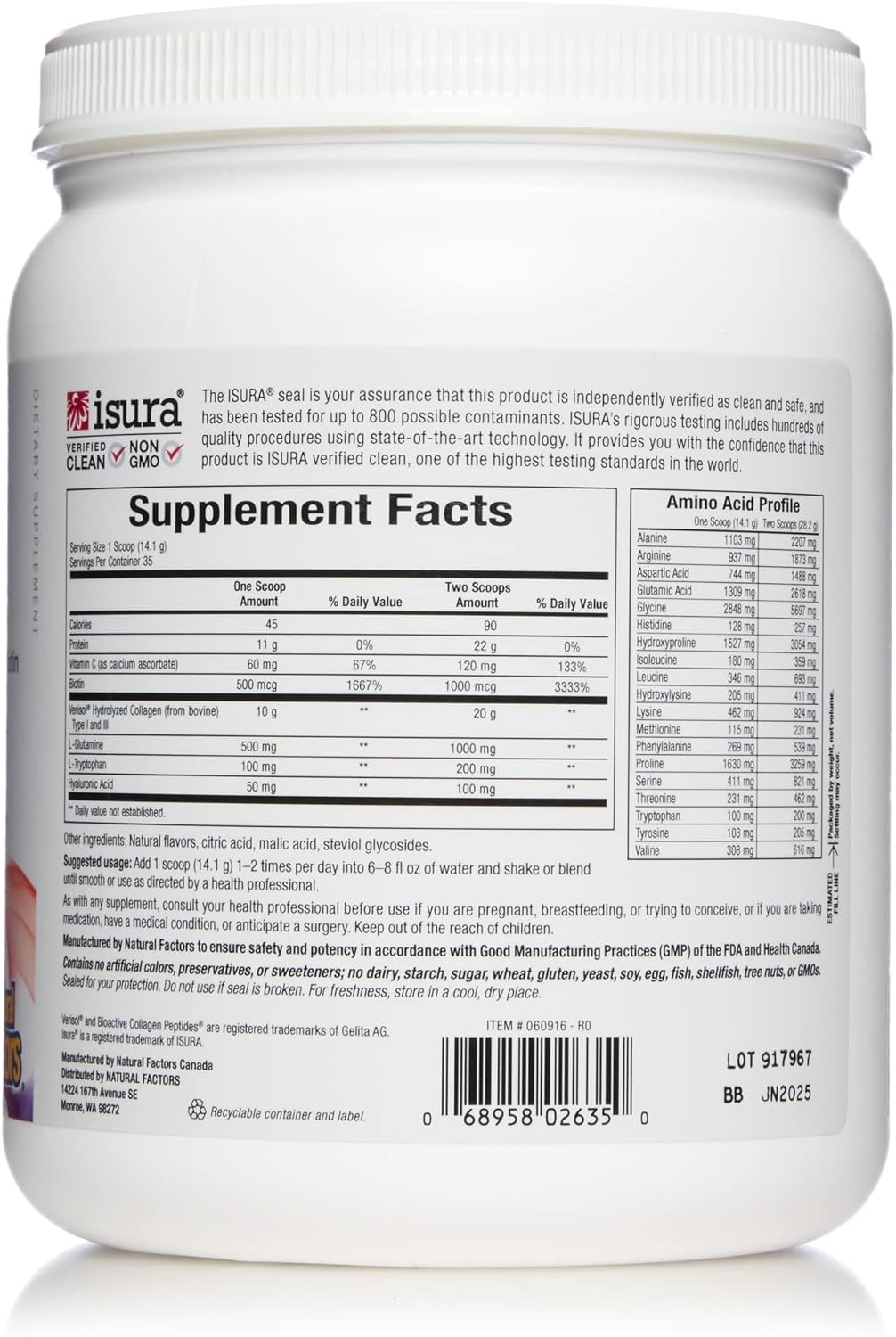 Natural Factors Total Body Collagen - Bioactive Collagen Supplement for Hair & Nail Growth Support - Healthy Skin Supplement with Protein, Vitamin C & More - Pomegranate, 500 g (38 Servings)