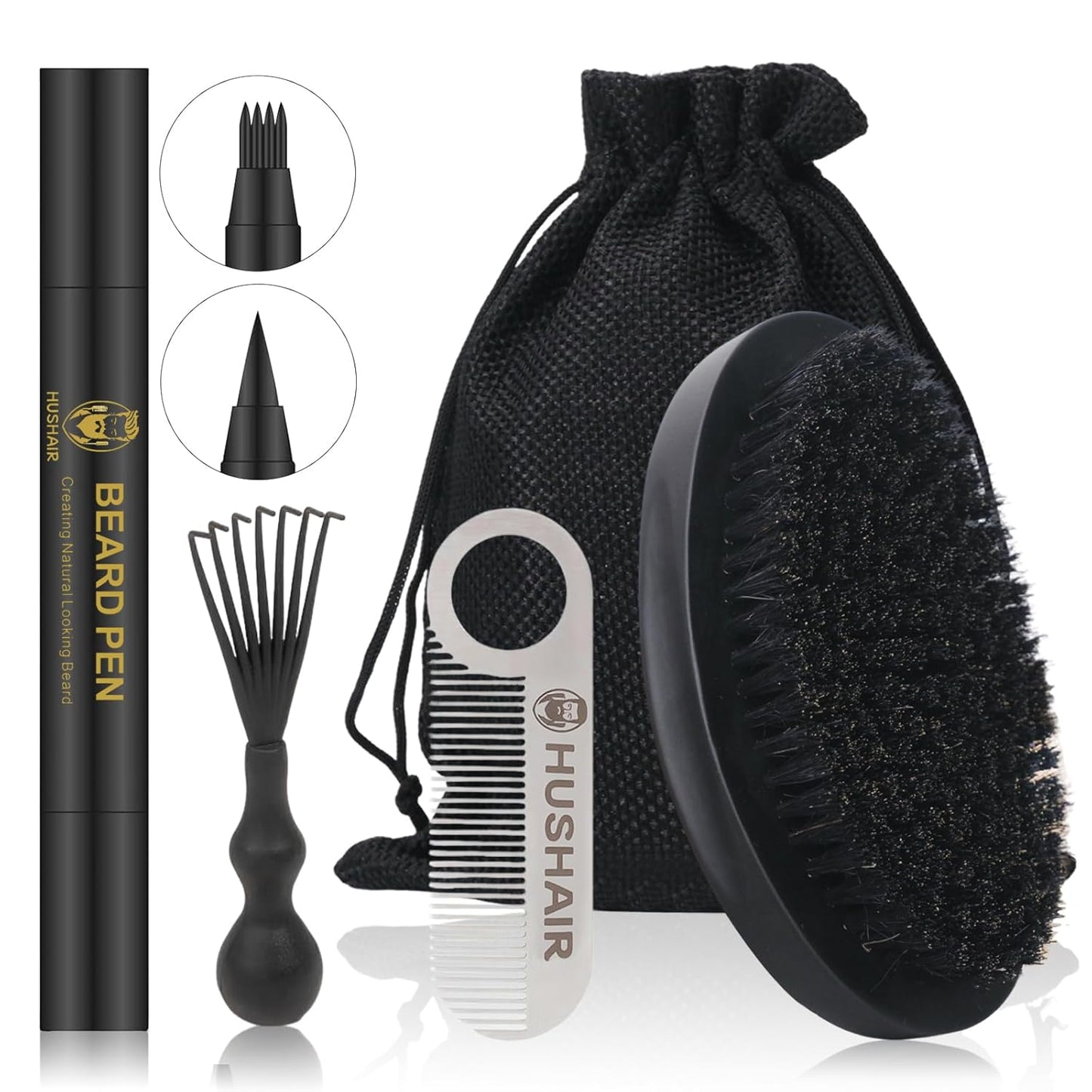 Beard Brush 5-in-1 Set for Men - Natural Boar Bristle Brush & Beard Pen Filler，Stainless Steel Pocket Beard Comb/Combing Brush/Ramie Storage Bag - Great for Grooming Beards and Mustaches