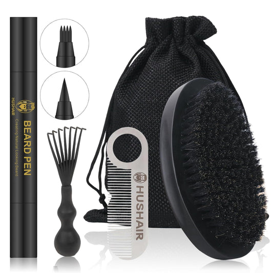 Beard Brush 5-in-1 Set for Men - Natural Boar Bristle Brush & Beard Pen Filler，Stainless Steel Pocket Beard Comb/Combing Brush/Ramie Storage Bag - Great for Grooming Beards and Mustaches