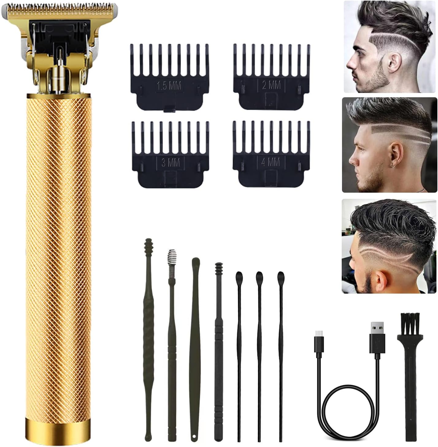 Hair Clippers for Men, Hair Trimmer T Blade Trimmer Zero Gapped Trimmer, Cordless Rechargeable Beard Trimmer Shaver Hair Cutting Kit with Ear Spoon Tool Set (Gold)