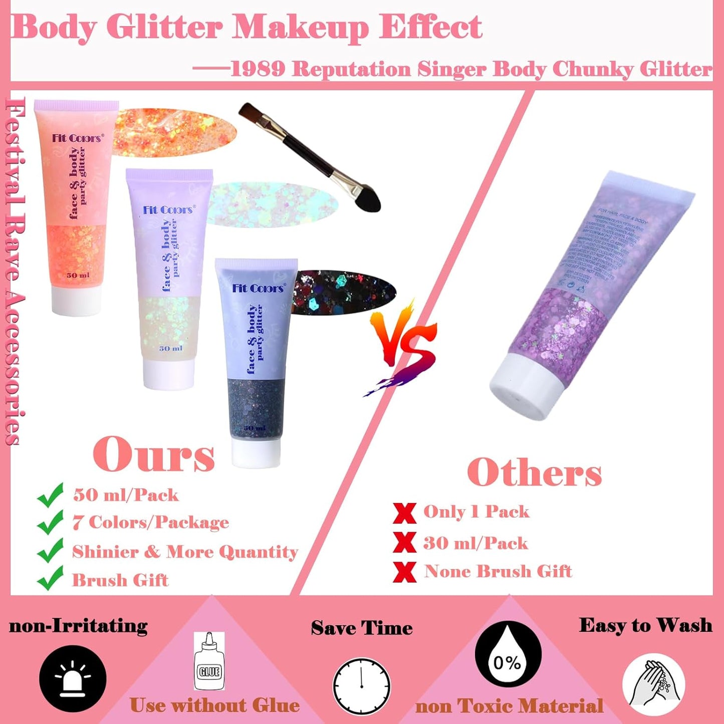 Body Glitter Face Glitter Gel: Singer Concerts Disco Festival Rave Accessories Face Glitter Makeup 150ml Chunky Sequins Mermaid Face Body Hair Glitter Gel (Orange&White&Black)