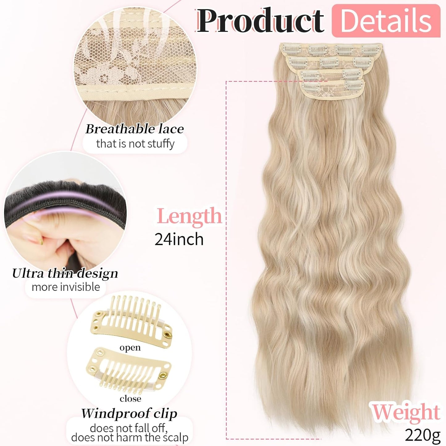 KooKaStyle Clip in Long Wavy Synthetic Hair Extension 24 Inch Pearl Blonde 4PCS Thick Hairpieces Fiber Double Weft Hair for Women