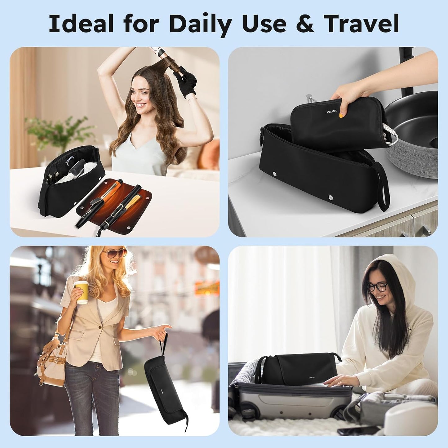 MOKURA Hot Hair Tools Travel Bag with Heat Resistant Mat Removable, Hair Accessories Organizer Case, Women Travel Essentials, Storage Pouch for Curling Iron Straightener Flat Iron Hair Dryer, Black