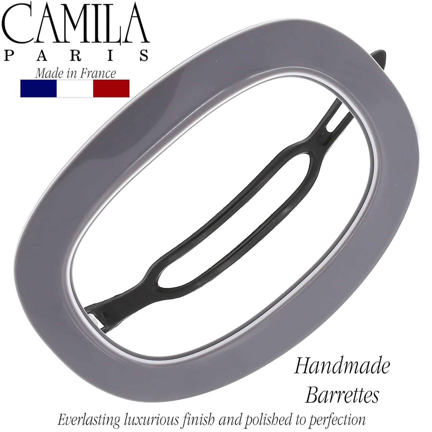 Camila Paris CP3356 French Hair Barrette Clip for Women, Handmade, Gray White, Slide-in Metal-Free Closure, Strong Hold Grip Hair Clips for Girls, No Slip Durable Hair Accessories, Made in France