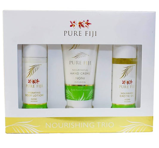 Pure Fiji Nourishing Trio, Ideal Spa Bath Gift Set for Women - Travel Kit - Includes Exotic Body Oil, Hydrating Body Lotion For Women and Nourishing Hand Cream, Noni Scent