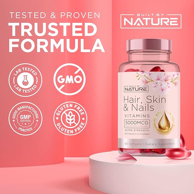 Hair Skin and Nails Vitamins – 5000mcg Biotin with Vitamin C, E, Collagen, Hyaluronic Acid, Argan & Coconut Oil – Luscious Hair Growth & Radiant Skin Supplement for Women – 60 Softgels
