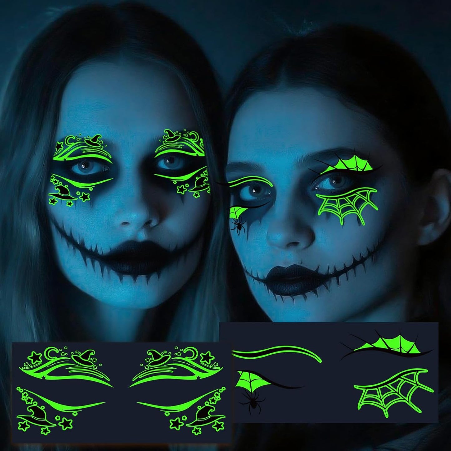 12 Sheets Halloween Luminous Temporary Tattoo, Upper & Lower Lash Designs Waterproof with Scary Motifs for Men & Women Cosplay Party & Festive Looks & Stage Face Makeup Decoration