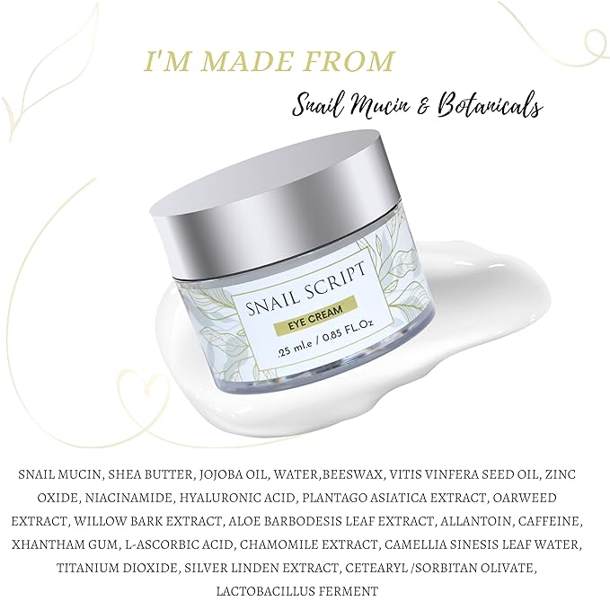 Snail Script Eye Cream, Snail Mucin Black Snail Repair lotion for Face Korean SkinCare Snail Moisturizer Hyaluronic Acid Vitamin C for face, Collagen Eye Cream Corrector