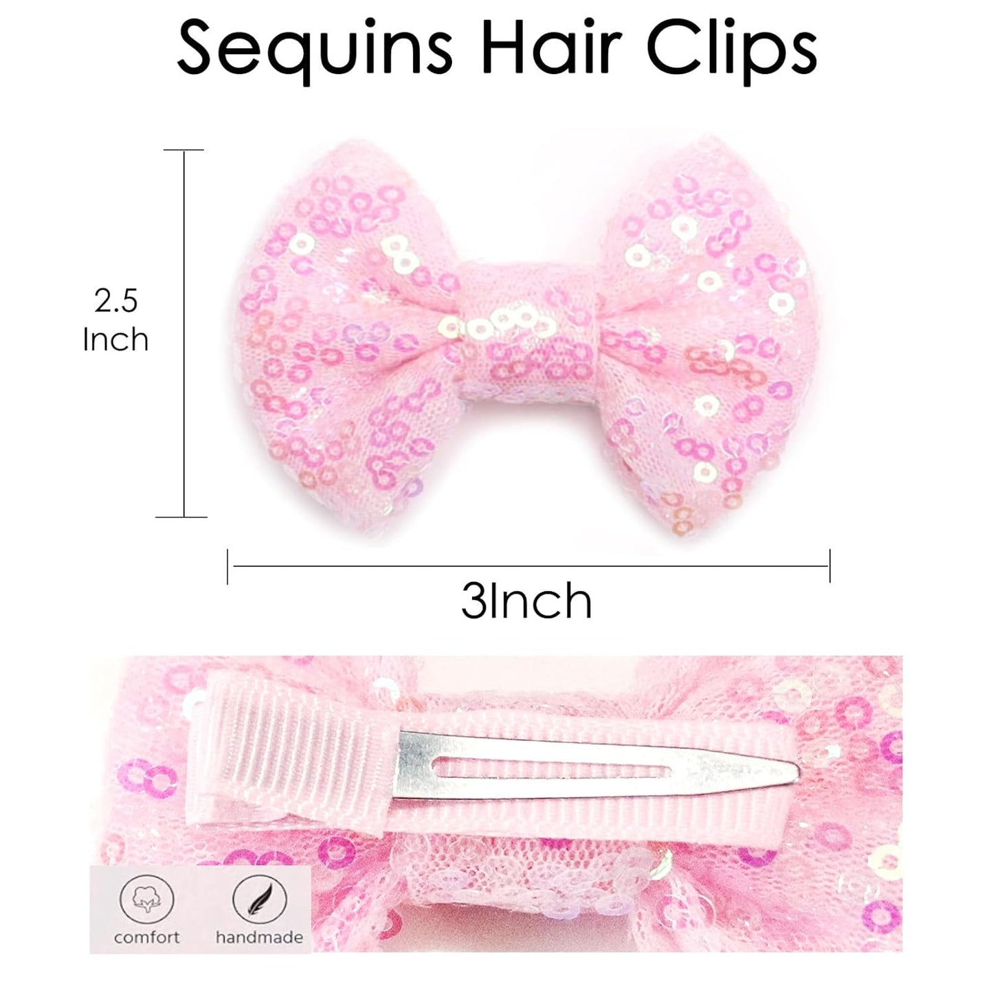 KISZU 3 Inch Glitter Hair Bows Clips, Sparkling Sequin Little Bow HairPins for Baby Girls Children Teens and Women (Light Pink)