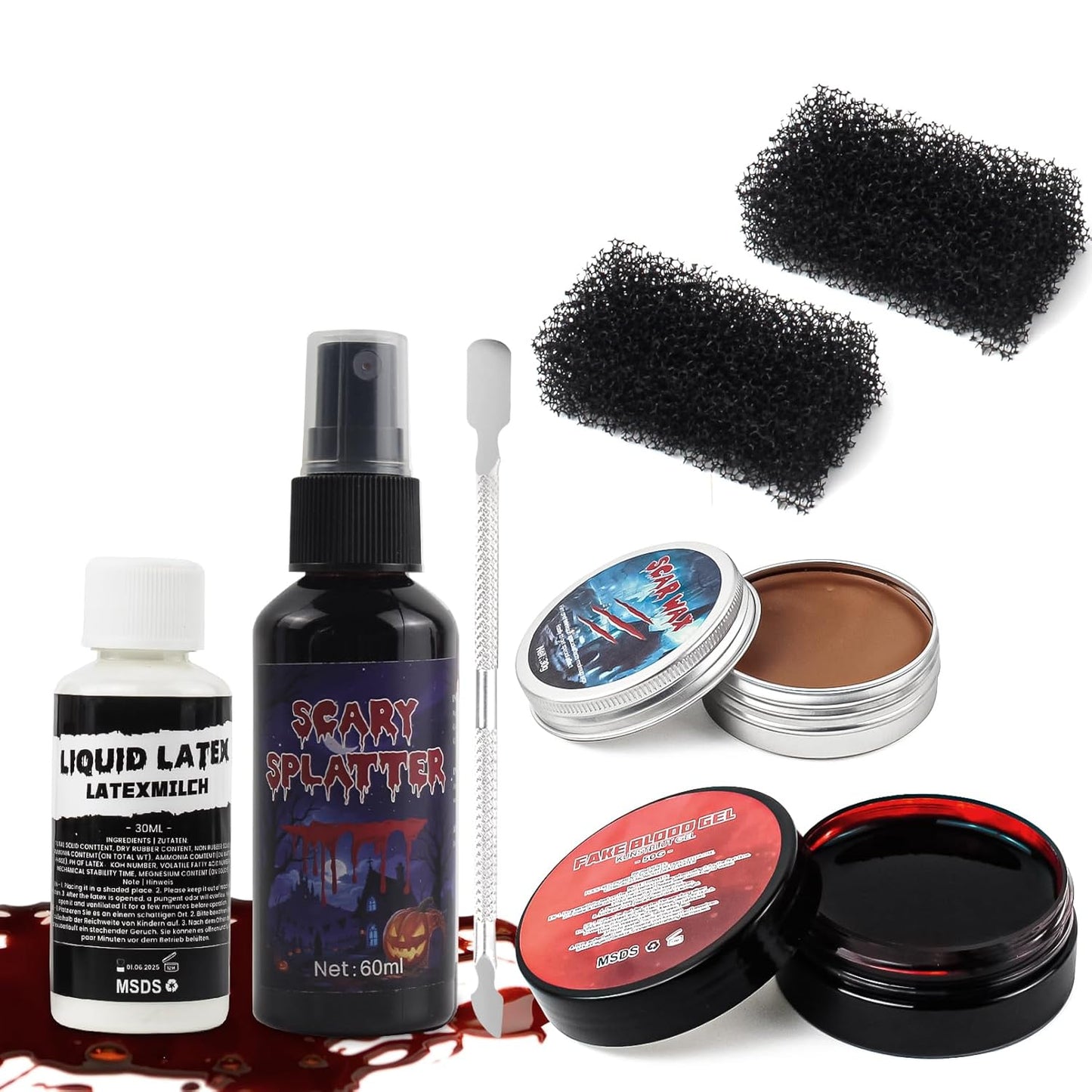 Halloween Fake Blood SFX Makeup Kit – 7PCS Special Effects Set with Fake Blood Spray, Liquid Latex+Scar Wax+Fake Blood Gel+Spatula Tool & 2 Stipple Sponges – Vampire Zombie Makeup Kit for Face & Body