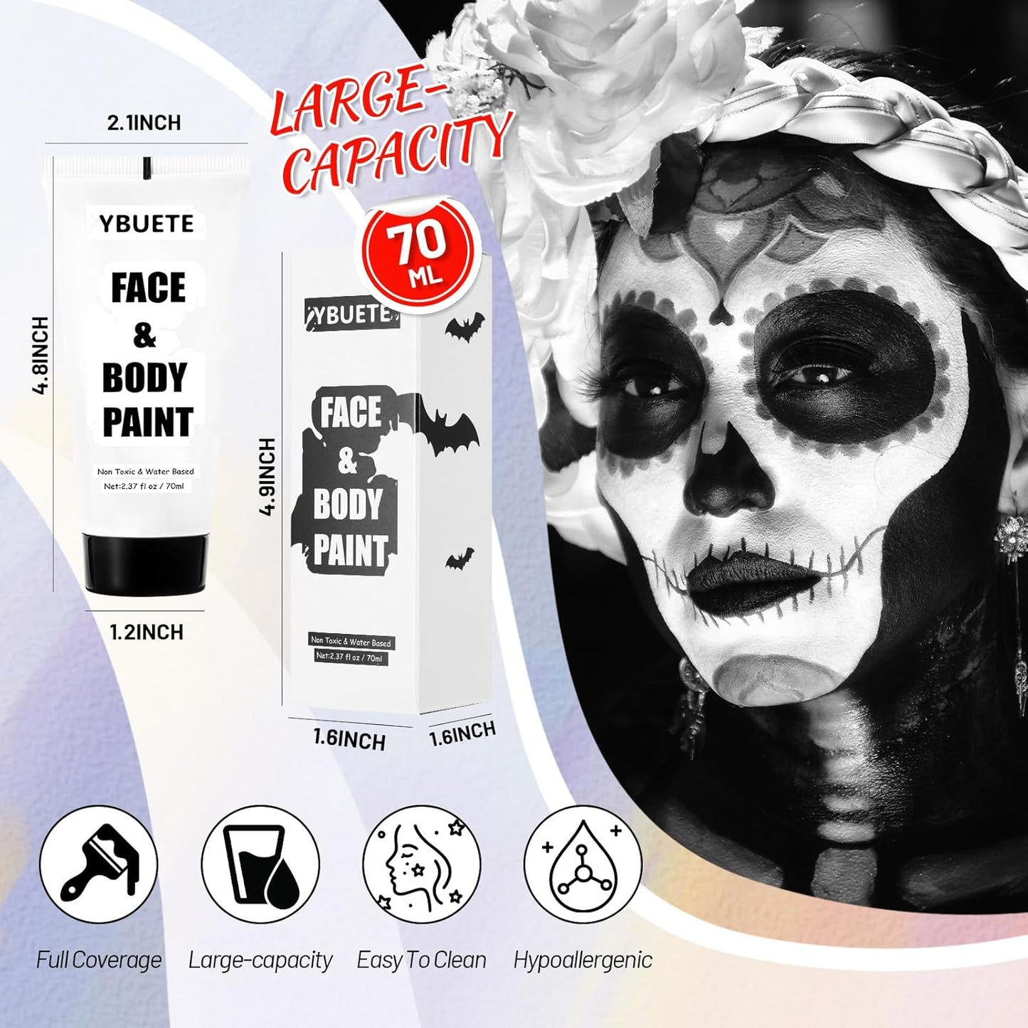 White Water Based Face Body Paint, 2.37 OZ Washable Large Tube Full Coverage Face Paint Cream for Adult Carnival Cosplay Halloween SFX Skull Joker Zombie Vampire Skeleton Goth Makeup