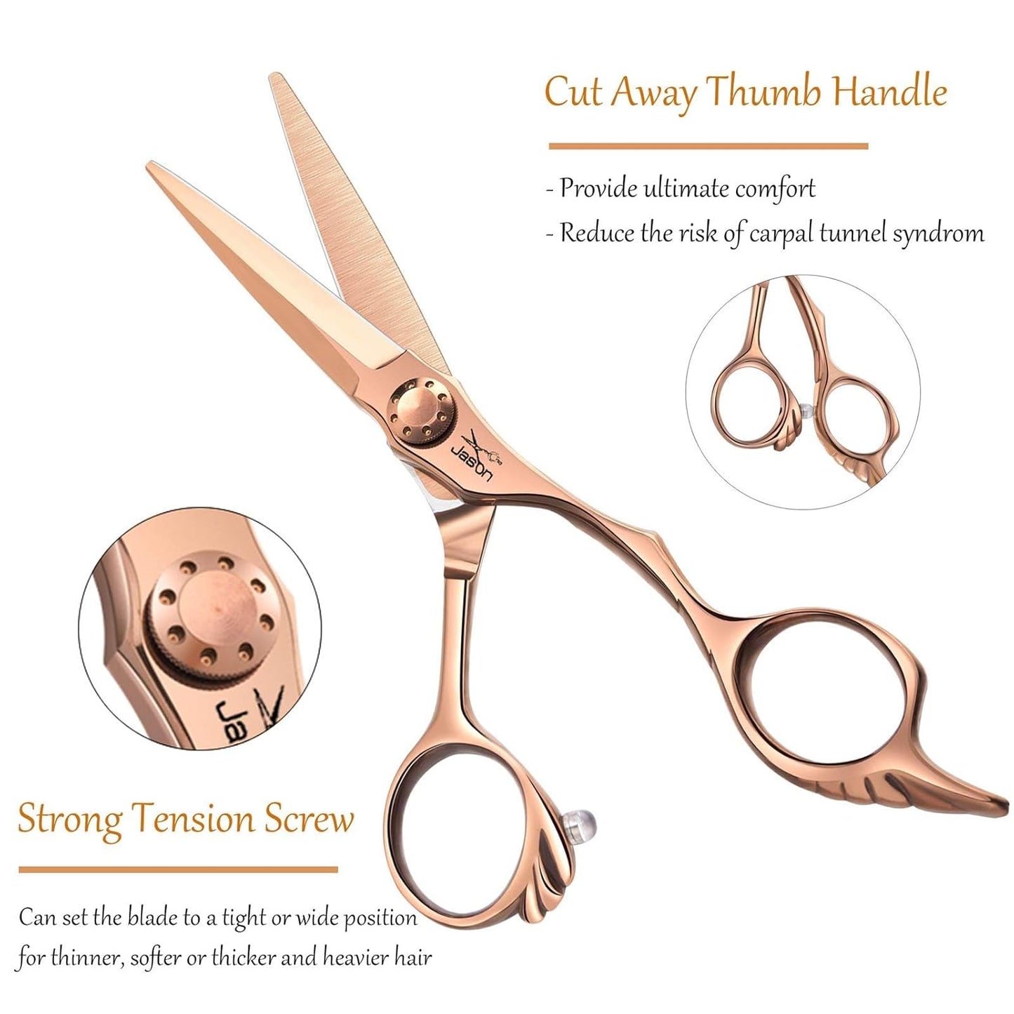 JASON 6" Hair Cutting Scissors - Professional Haircut Scissor Hair Trimming Shear for Barber, Hairdresser, Stylist, Women and Men, 440C Stainless Steel Hair Cutting Shear, Rosegold