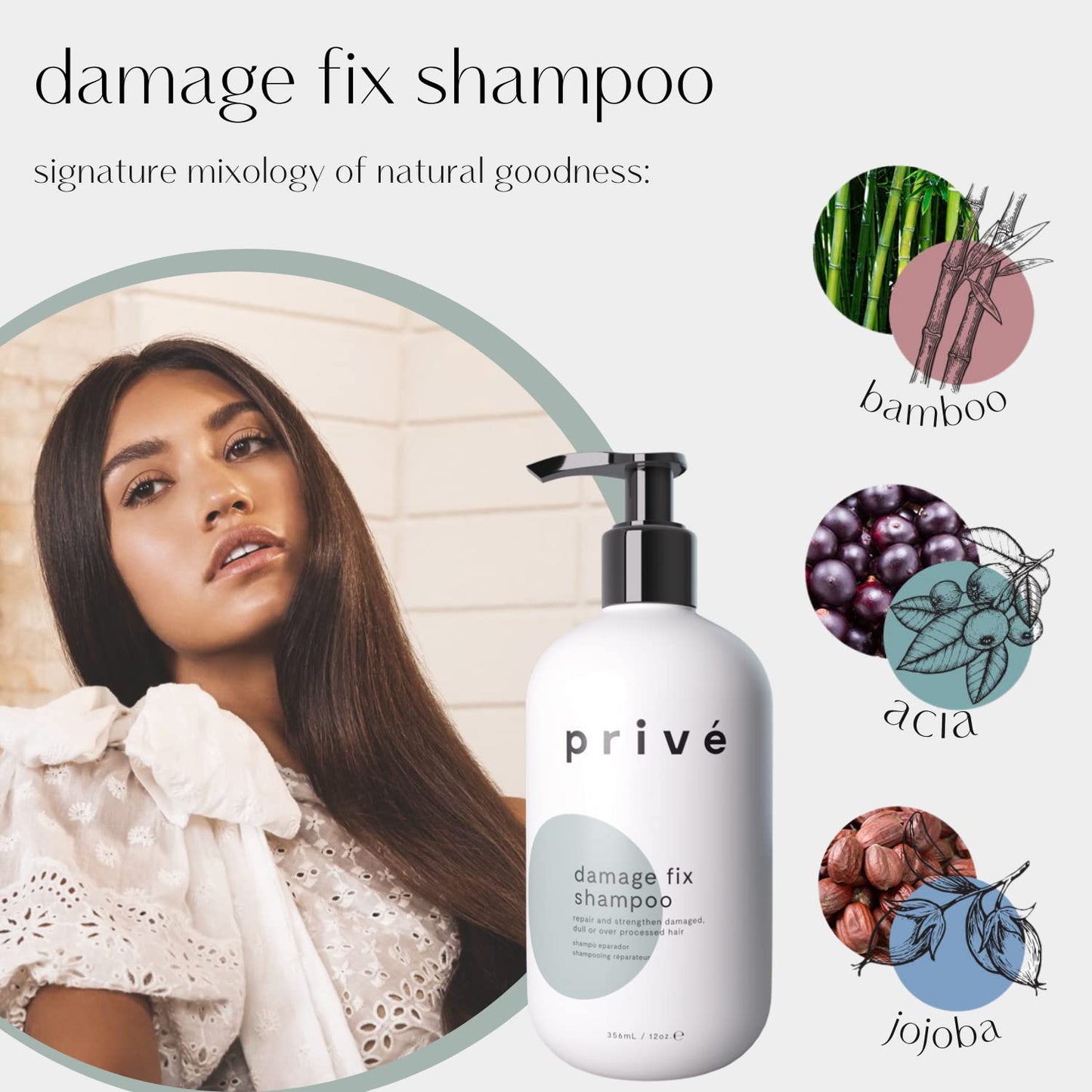 Privé Damage Fix Hair Shampoo for Women & Men - Sulfate-Free Repair Shampoo for Damaged Hair - Strengthening & Moisturizing Formula for Dry, Dull & Over-Processed Strands (12 oz)