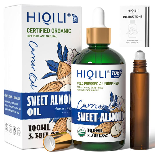 HIQILI Sweet Almond Oil, Skin, Hair Care, 100% Pure Organic Carrier Oil, Hexane Free, Unscented - 3.38 Fl Oz