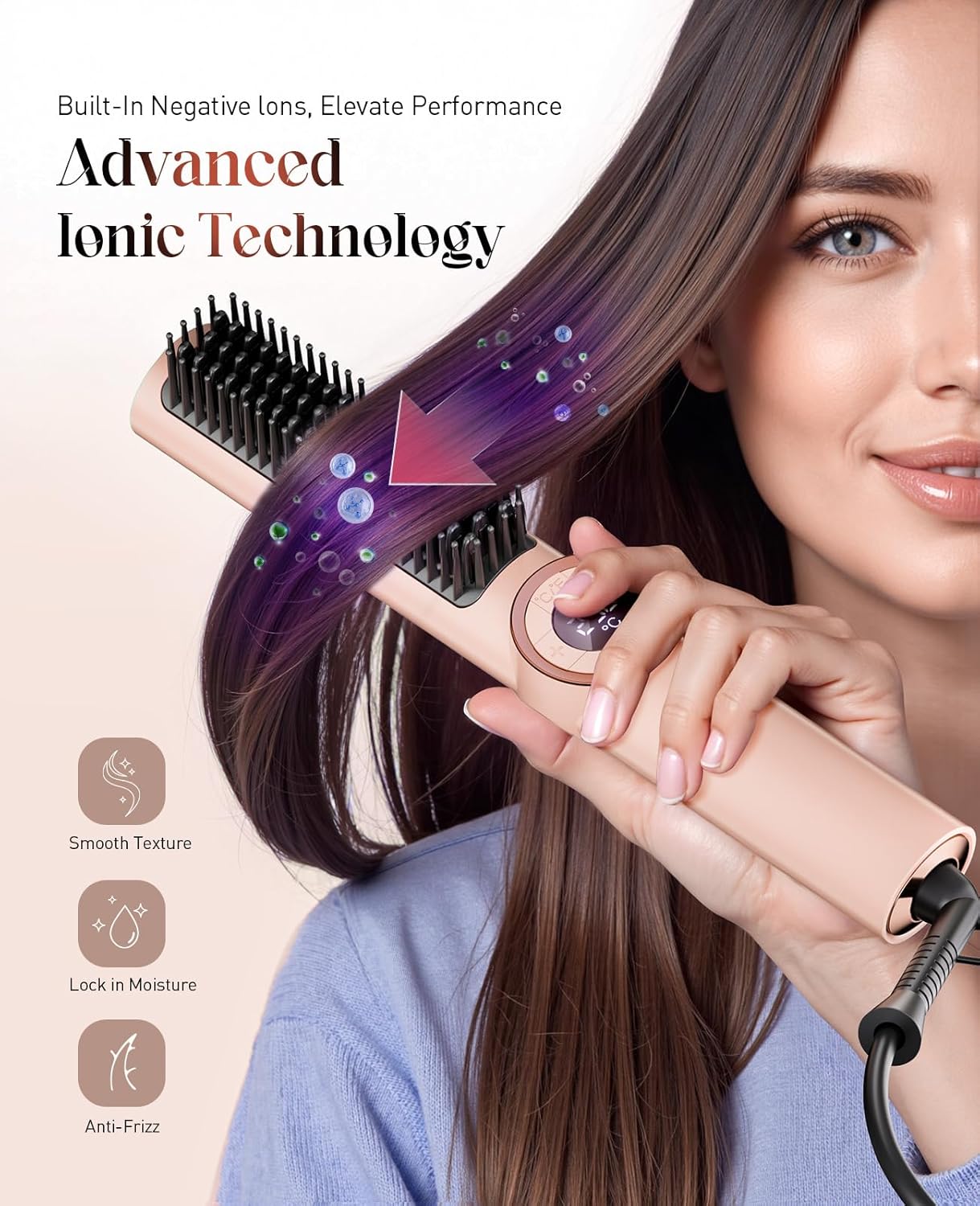 Hair Straightener Brush Portable: Ionic Curling & Straightening Brush with Fast Heating, Reduce Damage & Anti-Scald, Gold