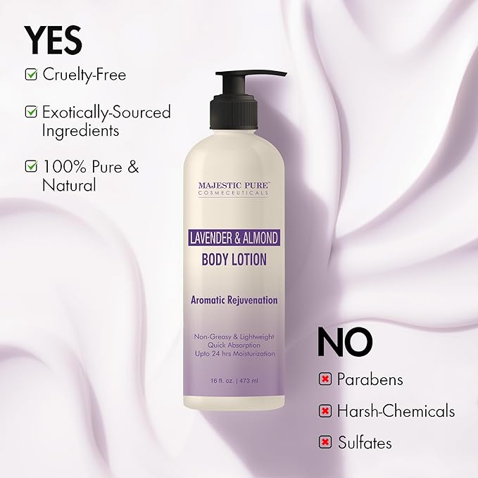 Majestic Pure Lavender & Almond Body Lotion with Aloe Leaf Extracts | Nourishing & Moisturizing | Quick Absorbing, Lightweight & Non Greasy | For All Skin Types | For Women & Men | 16fl oz