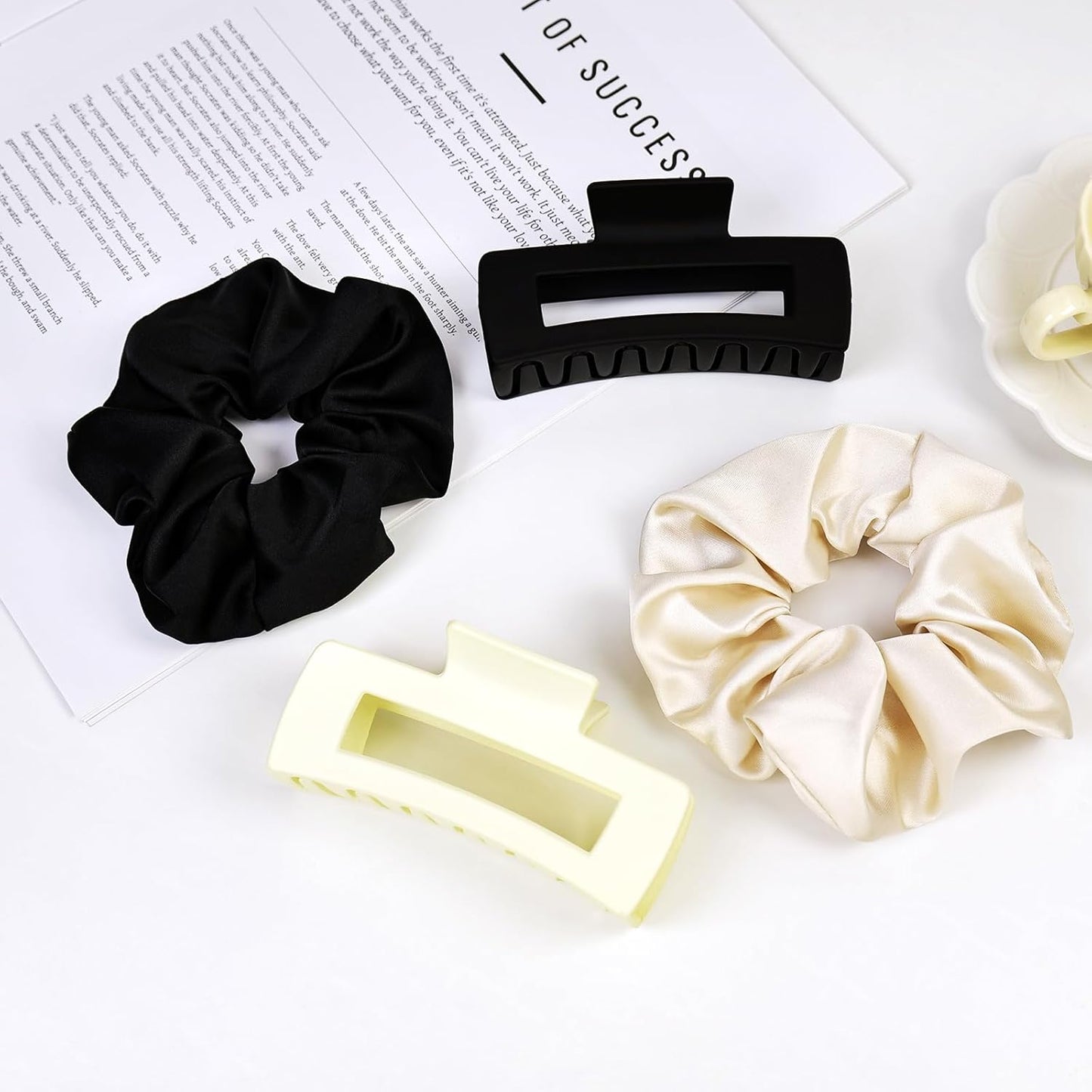 8 Pcs Claw Clips and Hair Scrunchies Set – Square Hair Clips for Women, Medium Non-Slip Matte, Large Satin Scrunchies, Hair Accessories for Thick Thin Hair, Party, Daily Use, Black&Beige
