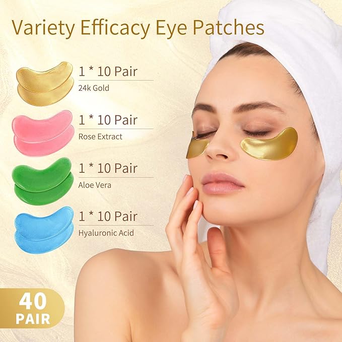 Under Eye Patches, 40 Pairs Eye Mask for Dark Circles, Puffy Eyes, Undereye Bags,Wrinkles,Eye Mask Patches with 24K Gold, Hyaluronic Acid,Rose & Aloe Vera, Eye Treatment Skin Care for Men & Women Gift