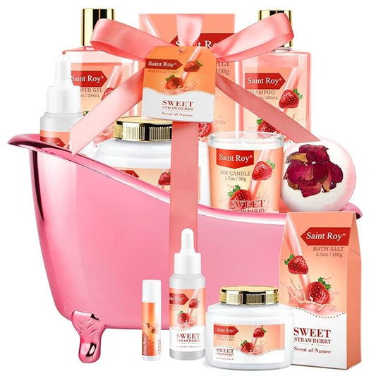 Mother's Day Gifts for Mom SPA Gifts for Her Gift Baskets for Women, Spa Gifts for Mom Strawberry Scent - Rich in Jojoba Oil Shea Butter with Body Lotion, Bath Bomb, Care Package, Birthday Gift