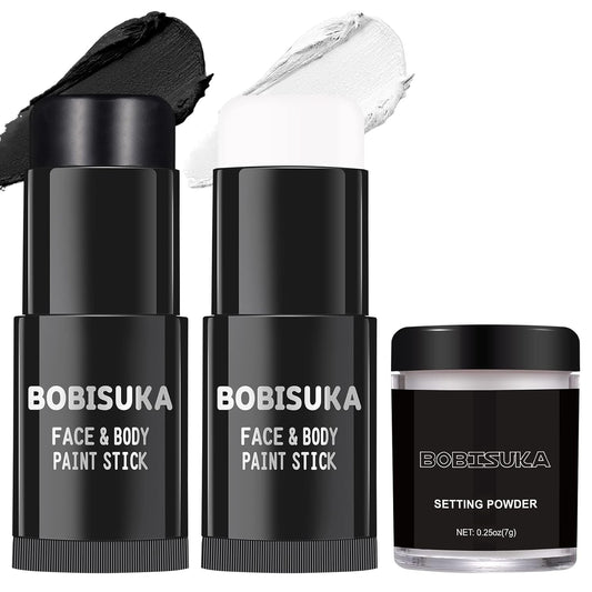 BOBISUKA Black White Face Paint Stick with Setting Powder Set, Eye Black Sticks for Sports, Body Paints for Clown Skeleton Vampire Skull Cosplay Special Effects Costume SFX Halloween Makeup Kit